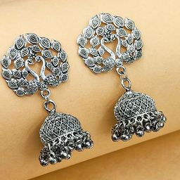 Saizen Silver-Plated Ghungroo Beaded Oxidised Peacock Shaped Jhumkas-image-57