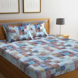 Bombay Dyeing Checks Blue 104 Tc Cotton Queen Bedsheet with 2 Pillow Covers-image-74