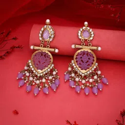 Lyriss Gold Plated Artificial Stones Studded and Beaded Contemporary Shaped Drop Earrings-picture-23