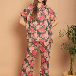 Kanvin Pink & Green Cotton Printed Shirt Pyjamas Set-image-48
