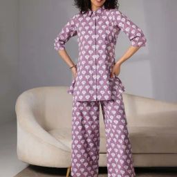 Libas Purple Cotton Printed Shirt & Pyjama Set-image-87