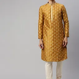 Manyavar Men Mustard Yellow & Gold-Toned Embroidered Kurta with Churidar-image-91