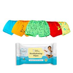 SuperBottoms Cotton Bloomer Solid Pack of 5 and Xtra Hydrating Wipes - Green-picture-1