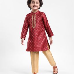 Babyhug Woven Full Sleeves Brocade Kurta & Pyjama Set - Maroon-image-69