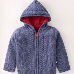 Yellow Apple Knit Full Sleeves Hoodie With Cable Knit Design - Blue-29