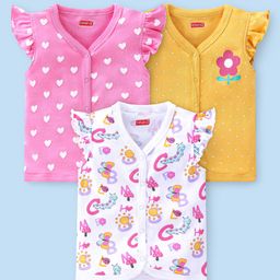 Babyhug 100% Cotton Knit Front Open Vest Floral & Heart Print Pack of 3 -White Pink & Yellow-image-41