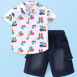 Babyhug Cotton Knit Half Sleeves Shirt & Denim Shorts Set With Toys Print - White Blue-27