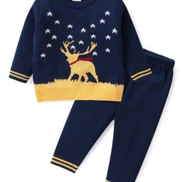 Babyhug Knitted Full Sleeves Baby Sweater Set with Deer Design - Navy Blue-picture-20