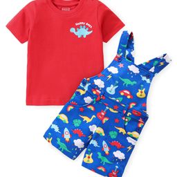 Babyhug Single Jersey Knit Dungaree &  Half Sleeves T-Shirt Dino Print - Red & Blue-image-56
