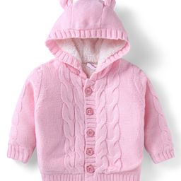 Babyhug Knitted Full Sleeves Front Open Solid Colour Hooded Sweater With Cable Knit Design & Ear Applique - Pink-image-18