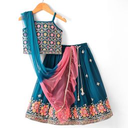 Babyhug Singlet Sleeves AblaEmbroidered Choli With Lehenga and Dupatta Set - Teal Blue-image-50
