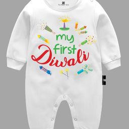The Peppy Tend Diwali Theme 100% Cotton Full Sleeves My First Diwali Text Printed Romper - White-picture-25
