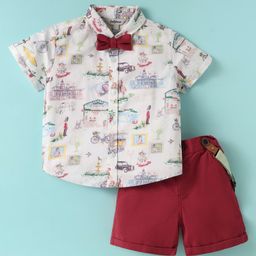 ToffyHouse Poplin Woven Half Sleeves Printed T-Shirt & Shorts With Bow & Suspender - Red-image-91