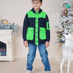 Kiddopanti Fleece Full Sleeves Bellow Cargo Pocket Hooded Sweatshirt With Jeans - Navy & Green & Blue-picture-31