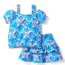 Babyhug Single Jersey Cold Shoulder Top & Skirt Co -Ord Set With Floral Print - Blue-image-3
