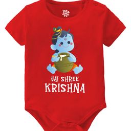 Baby Buzz 100% Cotton Half Sleeves Jai Shree Krishna Text Printed Onesie - Red-image-89
