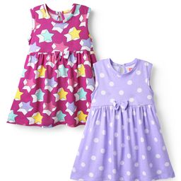 Babyhug Single Jersey Knit Sleeveless Star & Polka Dot Printed Frocks With Bow Applique Pack of 2 - Lavender & Fuchsia-image-100