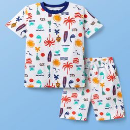 Pine Kids Single Jersey Knit Half Sleeves Co-ords Shorts Night Suit with Beach Theme Print - White-image-104