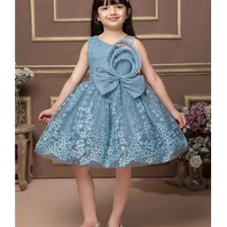 Lagorii Net Sleeveless Bow Applique Detailed Floral Embroidered Shimmered Dress - Blue-63