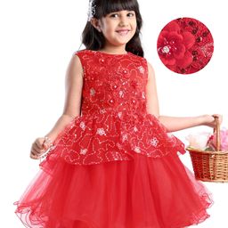 Mark & Mia Woven Sleeveless Mesh Party Dress with Floral Embroidery & Sequin Detailing - Red-image-86