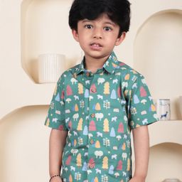 Polka Tots Cotton Half Sleeves Animals & Trees Printed Shirt - Dark Green-image-69