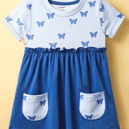 CUCUMBER Interlock Knit Half Sleeves Frock With Butterfly Print Frill Detailing & Pockets - Royal Blue-image-71