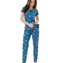 Piu Pure Cotton Knit Half Sleeves Coffee Mug & Polka Dots Printed Coordinating Maternity Night Suit Set With Nursing Access - Blue-image-130