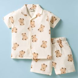 Dapper Dudes Half Sleeves Teddy Bear Printed Shirt & Coordinating Shorts Set - Yellow-image-31