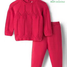 Babyoye 100% Cotton Knitted Full Raglan Sleeves Solid Sweater Set - Red-picture-2