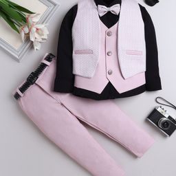 Fourfolds Cotton Blend Woven Chevron Printed 3 Piece Party Suit With Bow Set - Pink-image-62