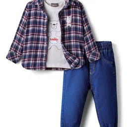 Little Kangaroos Knit Full Sleeves Checkered Shirt & Jeans with Inner Tee - Blue-picture-13