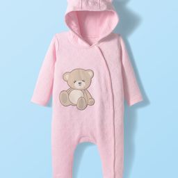 Babyhug Cotton Knit Full Sleeves Front Open Footed Hooded Winter Wear Onesie with Teddy Bear Print - Pink-picture-40