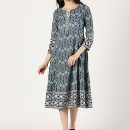 Saffron Threads Women Ethnic Motifs Embroidered Tie-Up Neck A-Line Midi Dress-image-61