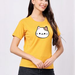 Moda Rapido Women Mustard Cat Printed Round Neck Cotton T-shirt-picture-38