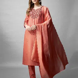 KAYOMMI Floral Embroidered Notch Neck Straight Kurta with Trousers & Dupatta-picture-19