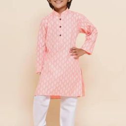 AJ Dezines Kids Pink & White Printed Full Sleeves Kurta with Pyjamas-image-2