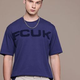 FCUK Brand Logo Embroidered Drop-Shoulder Sleeves Pure Cotton T-shirt-image-87