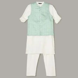 Melange by Lifestyle Kids White & Mint Green Cotton Striped Full Sleeves Kurta Set-picture-10
