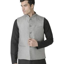 Tabard Grey Mandarin Collar Sleeveless Nehru Jacket-image-10