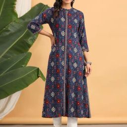 Juniper Indigo Ethnic Motif Printed Rayon A-Line Kurta With Buttons-image-65