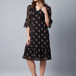 StyleStone Black Floral Print Midi A Line Dress-image-85