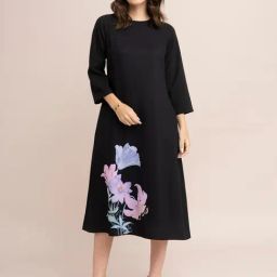 Fablestreet Black Floral Print A Line Dress-image-51