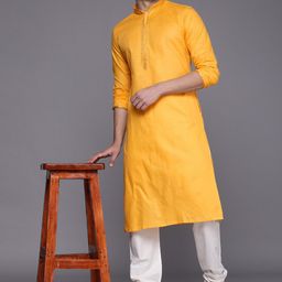 Manyavar Men Yellow Regular Kurta with Pyjamas image 4