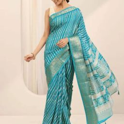 Libas Turquoise Leheriya Print Saree with Unstitched Blouse-image-5