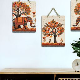 ArtVibes Orange-Coloured & Beige 3 Pieces Madhubani Printed Wooden Hanging Wall Arts-image-60