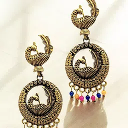 FEMMIBELLA Gold-Plated Beaded Peacock Shaped Oxidised Drop Earrings-98