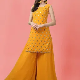 PARROT CREATION Geometric Embroidered Sequinned Georgette Kurti with Sharara And Dupatta image 2