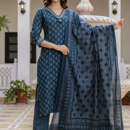 EthniFlair Floral Printed V-Neck Pure Cotton Straight Kurta With Trousers And Dupatta-image-94