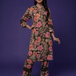 ZARI Floral Printed & Embellished Mandarin Collar Tunic With Trouser-40