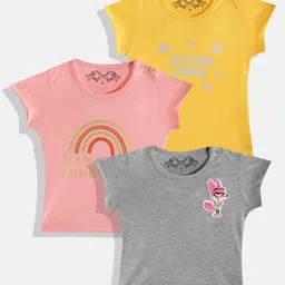 FEMEA Girls Peach-Coloured & Grey Set of 3 Printed T-shirt-1